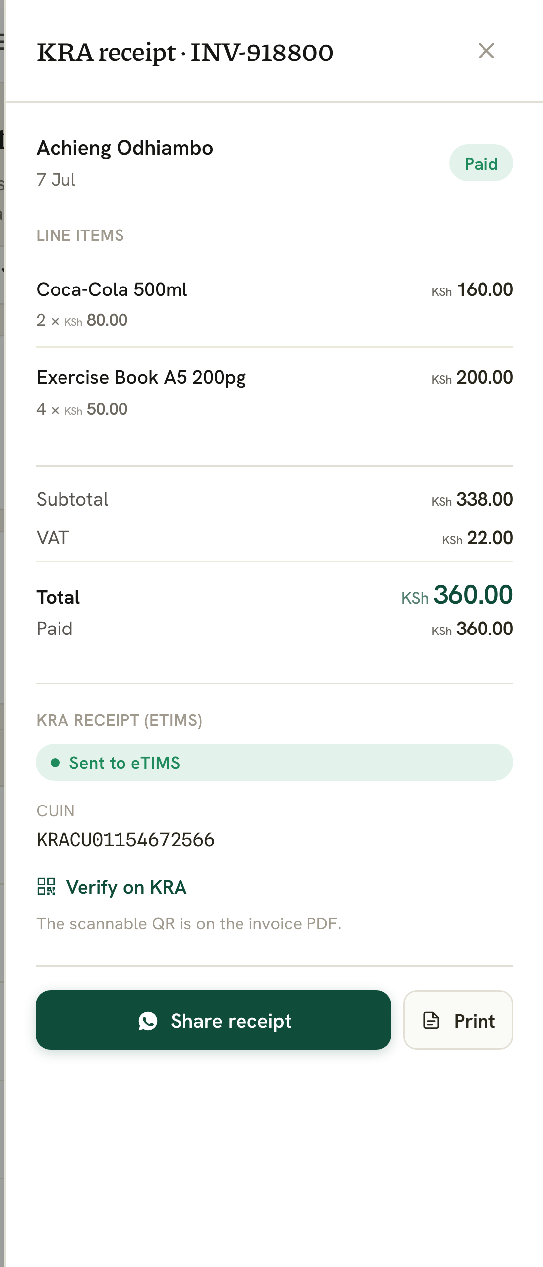 Kuza: KRA eTIMS receipt with CUIN and QR code