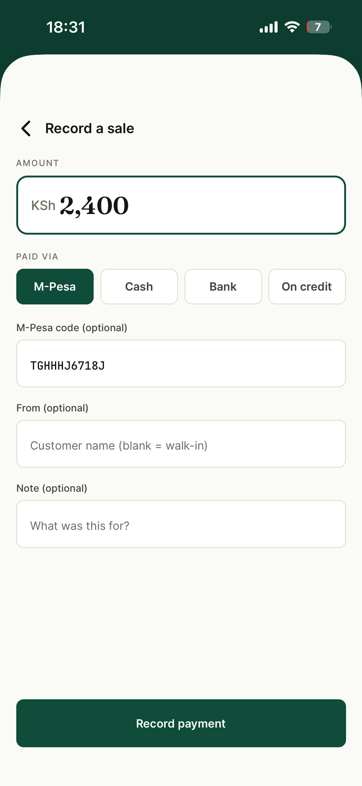 Kuza: record a sale paid by M-Pesa